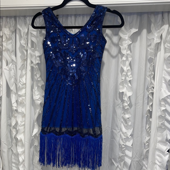 Elegant Blue Sequin flapper roaring 20s great Gatsby Dress new small - Picture 1 of 8